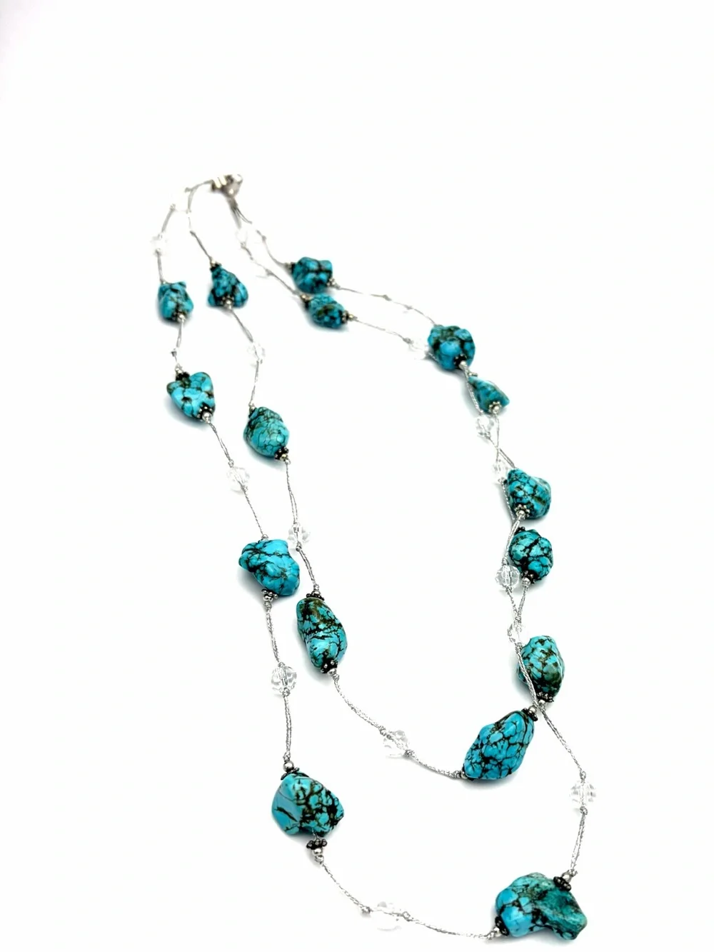 Boutique Turquoise Long Layered Necklace - Raw Turquoise Bead and Crystal